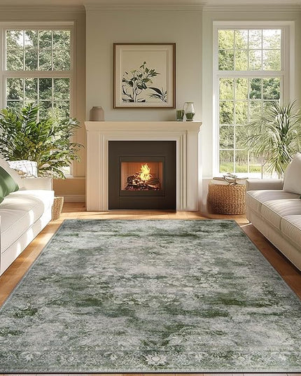 jinchan Washable Area Rug 8x10 for Living Room - Soft Faux Wool Ultra-Thin Stain Resistant Non-Slip Distressed Vintage Floral Large Christmas Carpet for Bedroom Home Office, Nursery(Green, 8'x10')