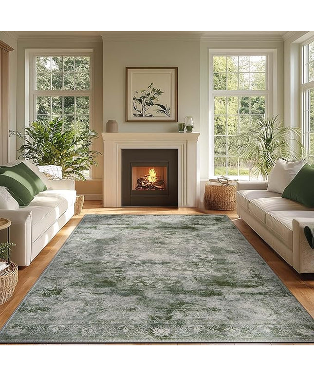 jinchan Washable Area Rug 6x9 for Living Room - Soft Faux Wool Ultra-Thin Stain Resistant Non-Slip Distressed Vintage Floral Rug Large Christmas Carpet for Bedroom Home Office, Nursery(Green, 6'x9')