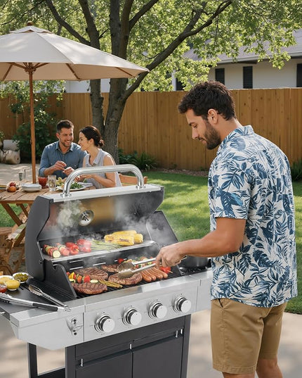4-Burner Propane Gas BBQ Grill with Side Burner, 46,500 BTU Output Stainless Steel Barbecue Grill with Enameled Cast Iron Grates and Side Tables for Outdoor Cooking Kitchen and Patio Backyard