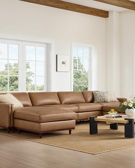 CHITA 153" Super Large Luxury U Shape Convertible Sectional Modular Sofa, Down Filled Modern Sofa, Deep Seat Cloud Couch, 6 Seat Couch with Chaise, 2 Ottomans, Solid Wood Leg, Faux Leather in Camel