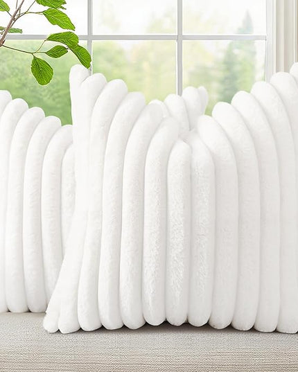 decorUhome Faux Fur Spring Throw Pillow Covers 20x20 Set of 2, Decorative Soft Plush Striped Neutral Couch Euro Pillow Covers with Velvet Back for Sofa, Bed, Living Room Home Decor, White