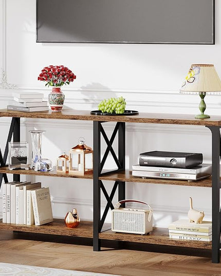 LVB Wood Console Table, Rustic 3 Tier Sofa Table Behind Couch, Industrial Metal Entryway Table with Storage Shelf, Farmhouse Wooden Foyer Hallway Table for Entry Living Room, Rustic Brown, 55 Inch
