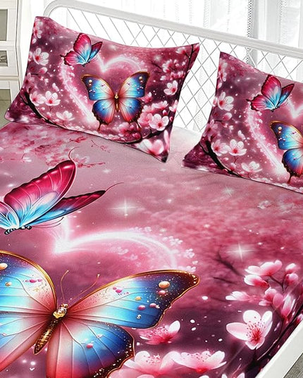 AILONEN Butterfly Butterfly Fitted Sheet Set for Girls,Pink Cherry Blossoms Butterflies Bedding Set Gifts Twin XL Size,Romantic Moments Bed Sheet Set for Cat Lovers,1 Sheet Set + 2 Pillowcase
