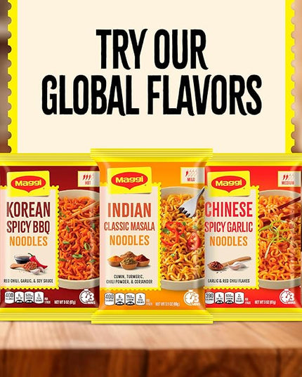 Maggi Indian Classic Masala Noodles, Instant Ramen Noodles Pack, 3 min, Mildly Spicy, Vegetarian, Halal, Kosher, 24 Pack