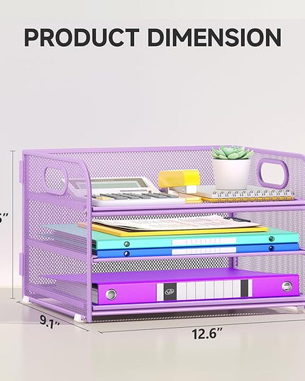 3 Tier Paper Organizer with Handle, Metal Desk Organizer Mesh Paper Letter Tray Desktop File Folder Document Sorter for Classroom, School, Office Accessories Organization and Storage - Purple