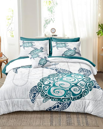 Bedbay Ocean Turtle Bedding Set, 8Pcs King Comforter, Teal Turquoise, Coastal, Microfiber, Bed in a Bag