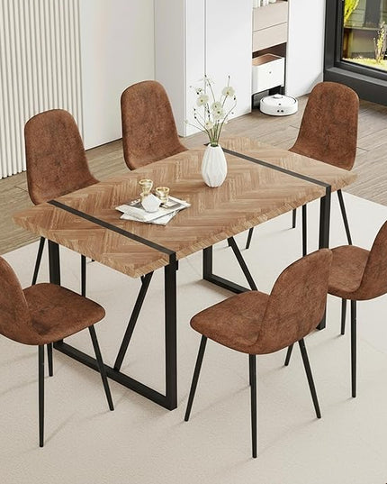 FURNITO 7 Piece Dining Table Set for 6, 55" Wooden Kitchen Table with Upholstered Chairs, Mid Century Modern Rectangular Dining Room Set, Rustic Table and Chairs Set for Kitchen or Living Room