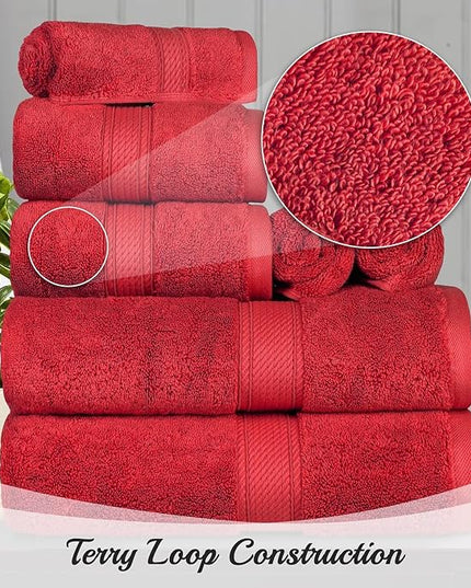 Superior Egyptian Cotton Pile 8 Piece Towel Set, Includes 2 Bath, 2 Hand, 4 Face Towels/Washcloths, Ultra Soft Luxury Towels, Thick Plush Essentials, Guest Bath, Spa, Hotel Bathroom, Red