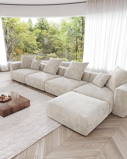 JACH 181" Oversized Modular Sectional Sofa, Deep 4-Seats Sectional Couch with Chaise Ottoman, Huge Plus Convertible Soft Sofas, Corduroy Minimalist Couches for Living Room, Office, Apartment, Beige