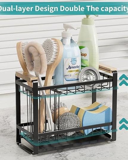 Sink Caddy Organizer with Wooden Handle, 2-Tier Rustproof Metal Sink Organizer Non-Slip Suction Cups, Multi-Functional Storage for Sponge, Soap Dispenser, Kitchen and Bathroom Countertop Accessories