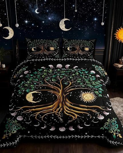 Tree Artwork Kids Comforter Set Queen Size,Sun Moon Starry Sky Galaxy Trippy Bedding Set,Boys Girls Adults Room Decor,Boho Exotic Psychedelic Down Comforter,Watercolor Duvet Insert,2 Pillowcases