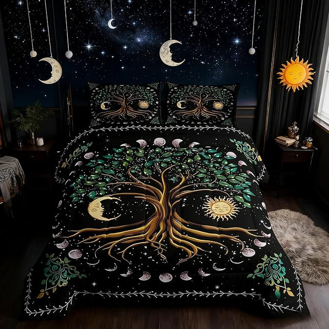 Tree Artwork Kids Comforter Set Queen Size,Sun Moon Starry Sky Galaxy Trippy Bedding Set,Boys Girls Adults Room Decor,Boho Exotic Psychedelic Down Comforter,Watercolor Duvet Insert,2 Pillowcases