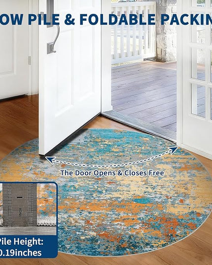Modern Abstract 6x6 Round Area Rug Non Slip Non Shedding Rug Low Pile Stain Resistant for Bedroom Living Room Office Dining Room,Multi Color