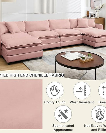 Modular Sectional Sofa,143.31'' Modern Sofa Sleeper Couch,Comfy Cloud Couches with 4 Seat & 2 Ottoman & 4 Pillows Sofa Set,Deep Seat Sofa with Movable Ottoman for Living Room,Chenille (Pink, U shaped)
