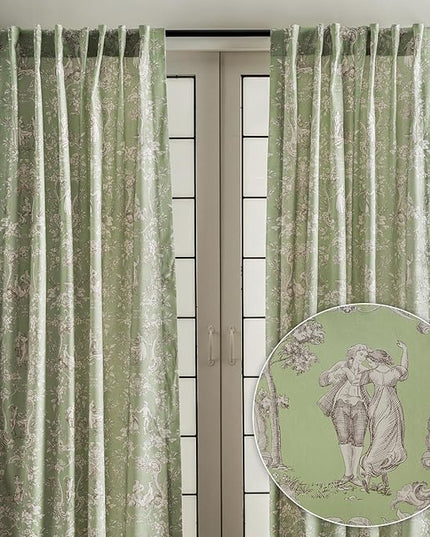 Maison d' Hermine Curtains for Living Room 100% Cotton 96 inch Length Two Panels Light Filtering Toile Curtains for Bedroom Windows with Rod and Loop Pockets Drapes (Joli Jouy Green, 50" W x 96" L)
