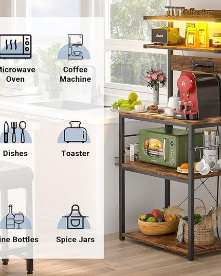 Aheaplus Bakers Rack with Power Outlet, Microwave Stand, 5 Tiers Coffee Bar Station with Led Lights, Kitchen Storage Shelf with 6 S-Shaped Hooks, Kitchen Rack for Spices, Pots and Pans, Rustic Brown