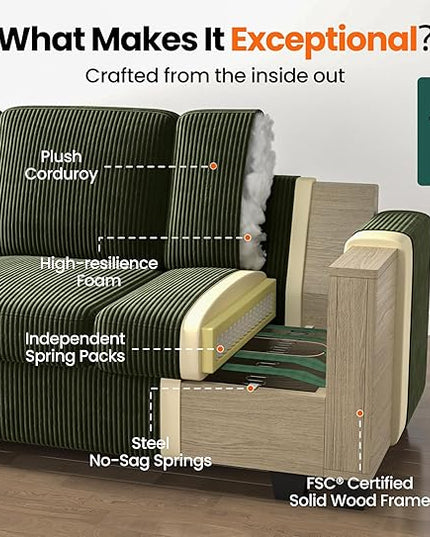 CHIC HOUSE Corduroy Modular Sectional Couch with Ottoman Chaise, L/U Shaped Sleeper Sofa for Living Room, Apartment, Lounge, Modern Armrest Neck Support Furniture (5 Seater Sectional, Green)