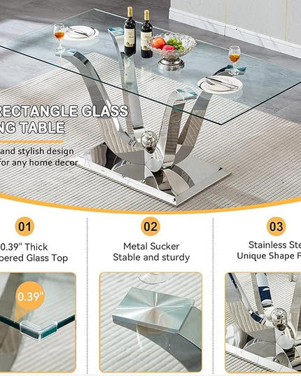 70" Modern Silver Glass Dining Table Set for 4, 5-Piece Rectangle Kitchen Dining Room Table Set with Steel Base & 4 Black Velvet Upholstered Chairs, Modern Glass Kitchen Table and Chairs Set of 4