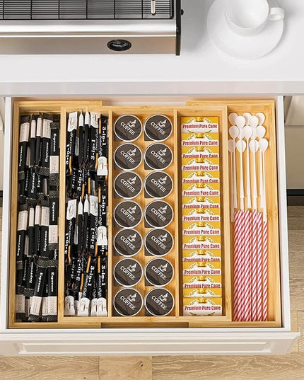 Bamboo Utensil Organizer Cutlery Organizer - Expandable 5 Slots Multipurpose Kitchen Drawer Organizer for Large Cooking Utensils, Baking Tools, Knife Set W13.7"-19.9" x L17.6" X H2.5"(Yellow)