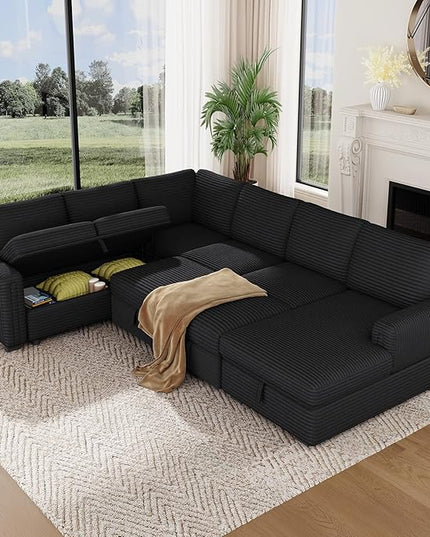 Vesgantti 113.6" Modular Sectional Sofa with Pull Out Couch Bed, 7 Seater U Shaped Sleeper Sofa with Storage Chaise, Corduroy Sectional Couch for Living Room, Bedroom, Apartment, Black