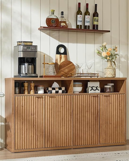 LEYAOYAO Fluted Buffet Cabinet with Storage, 55" Wide Wood Sideboard Credenza with 4 Doors & Open Storage Shelf, Modern Kitchen Console Accent Cabinets, Coffee Bar Table for Dining Room, Tea Brown