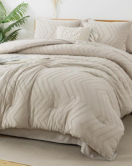 Litanika King Size Comforter Set with Sheets Beige - 7 Pieces Bed in a Bag King Chevron Tufted Boho Luxury Bedding Sets with Comforter, Sheets, Pillowcases & Shams