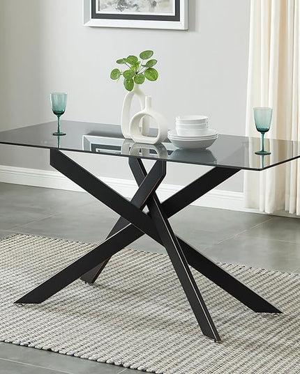 Modern Style Dining Table with Gray Tempered Glass Top and Black Metal Tubular Legs, 58.5”Lx29”Wx30”H