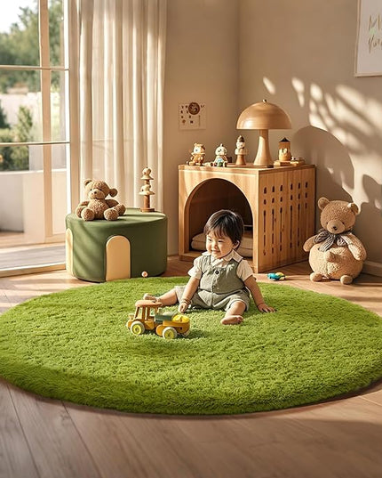 Ophanie Round Rug 6Ft Green Circle Area Rug, Green Room Decor, Fluffy Fuzzy Bedroom Carpet, Plush Soft Shaggy Living Room Rugs for Kids Home Decor Aesthetic, Nursery