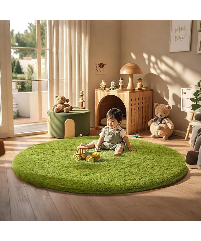 Ophanie Round Rug 6Ft Green Circle Area Rug, Green Room Decor, Fluffy Fuzzy Bedroom Carpet, Plush Soft Shaggy Living Room Rugs for Kids Home Decor Aesthetic, Nursery