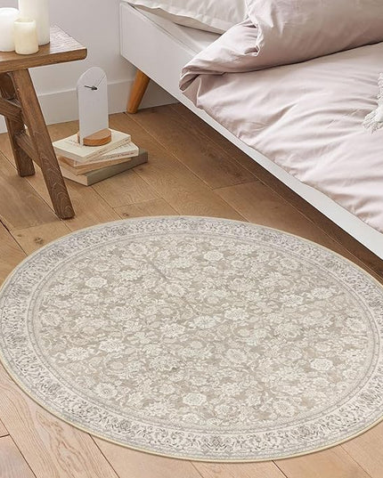 3' Round Rug Washable Rug for Entryway, Cream Beige White Grey Soft Non-Slip Area Rugs Distressed Floral Low-Pile Carpet, Neutral Vintage Circle Rugs for Living Room Dining Bedroom Foyer
