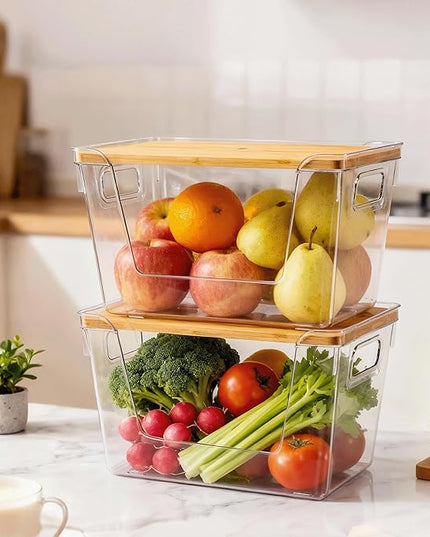 Criusia 2 Set Pantry Organizers and Storage with Bamboo Lids, Stackable Clear Bins for Onion, Potato, Fruit, Vegetables, Trash Bag Dispenser, Kitchen and Under Sink Organizer