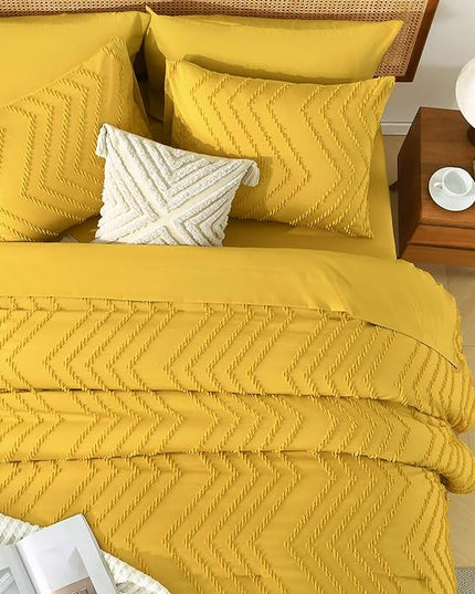 Litanika Queen Size Comforter Set with Sheets Mustard Yellow - 7 Pieces Bed in a Bag Queen Chevron Tufted Complete Bedding Sets with Comforter, Sheets, Pillowcases & Shams