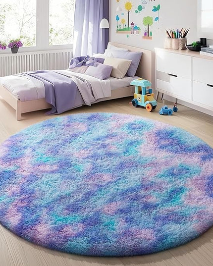 Ophanie Round Rugs 5Ft Tie-Dye Rainbow Purple Area Rug, Aesthetic Room Decor, Fluffy Fuzzy Bedroom Carpet, Plush Soft Shaggy Colorful Living Room Rugs for Kids Home Decor, Nursery
