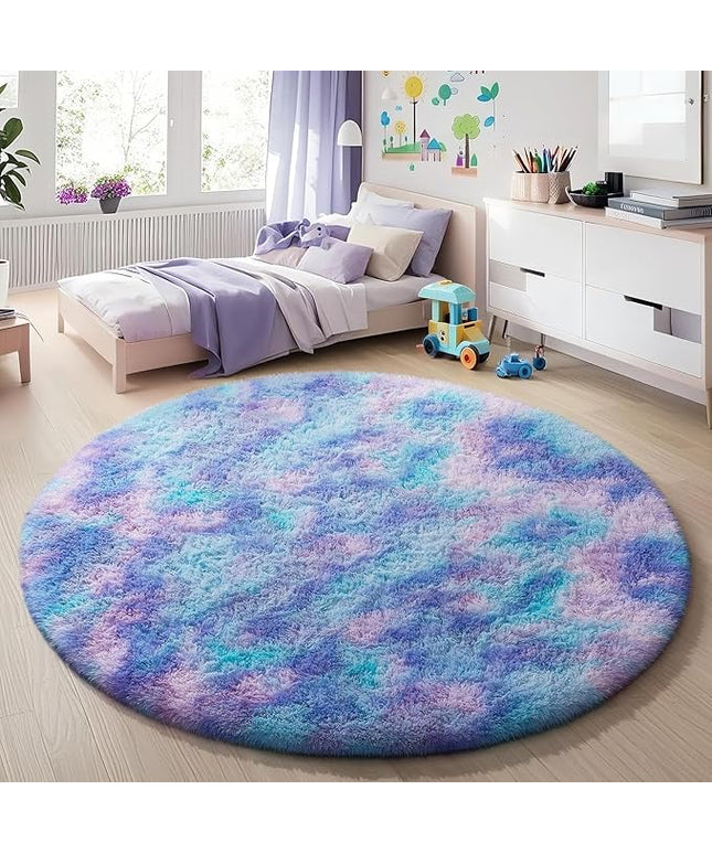 Ophanie Round Rugs 5Ft Tie-Dye Rainbow Purple Area Rug, Aesthetic Room Decor, Fluffy Fuzzy Bedroom Carpet, Plush Soft Shaggy Colorful Living Room Rugs for Kids Home Decor, Nursery