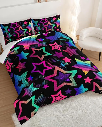 Kawaii Color Star Comforter Set Kids Bedroom Set,Neon Light Star Bedding Twin Size Comforter Sets for Boys Girls Room Decor,Aesthetic Bedding Sets with 2 Pillowcases.