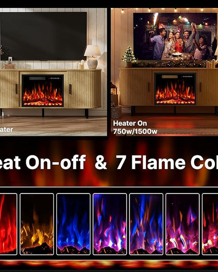 65" Fluted Fireplace TV Stand for TVs Up to 75 inches, Modern Entertainment Center with 23" Electric Fireplace, Wooden Curved TV Console with Sliding Doors for Living Room, Natural Oak