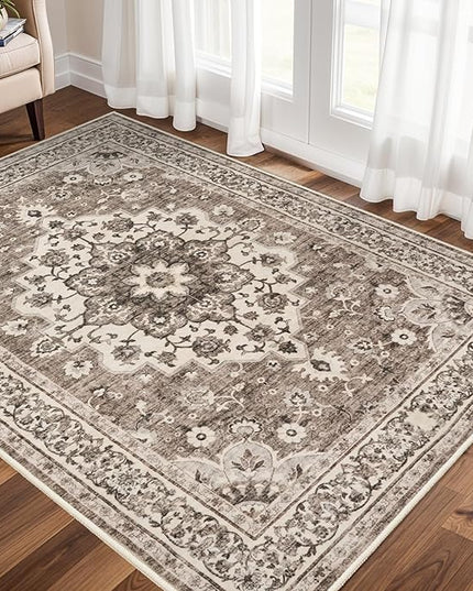 Washable Oriental Area Rug - 3x5 Rugs for Living Room Soft Carpet for Bedroom Waterproof Floral Distressed Indoor Stain Resistant Non-Shedding Floor Carpets (Beige, 3X5)