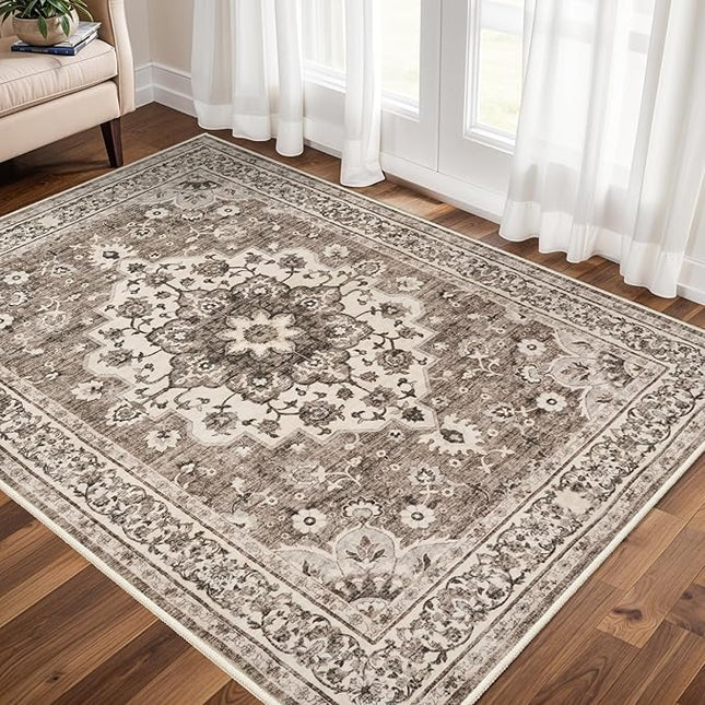 Washable Oriental Area Rug - 3x5 Rugs for Living Room Soft Carpet for Bedroom Waterproof Floral Distressed Indoor Stain Resistant Non-Shedding Floor Carpets (Beige, 3X5)