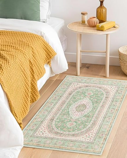 Small Rugs 2x3,Green Rug for Entryway Bathroom Bedroom Kitchen Entrance Doormat,Boho Vintage Bohemian Distressed Washable Oriental Accent Floor Throw Carpet Non Slip,Sage Blush Floral