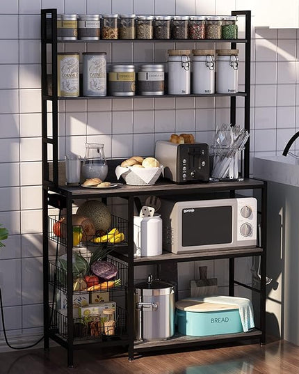 Baker Rack with Power Outlet,5-Tier Kitchen Utility Storage Shelf with Hooks,Microwave Oven Stand with Storage,Kitchen Shelf with Basket