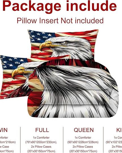 USA Flag Bedding Set Queen Size for Boys Kids Teens American Eagle Comforter Set Wildlife Animal Bird Decor Bedding Red Striped Stars Quilt Set with 1 Comforter +2 Pillowcases
