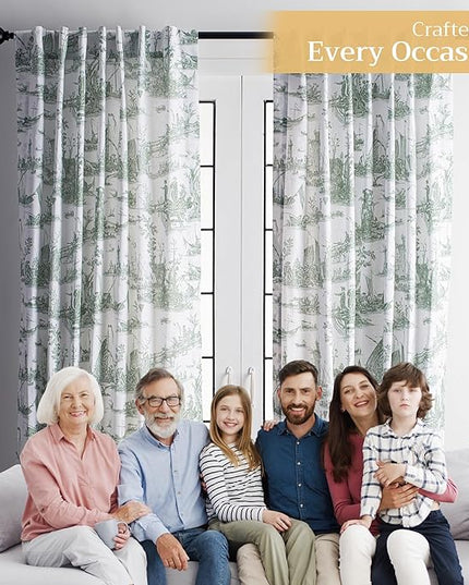 Maison d' Hermine Curtains for Living Room 100% Cotton 96 inch Length Two Panels Light Filtering Toile Curtains with Rod and Loop Pockets (Calais Antique Green (White Background), 50" W x 96" L)