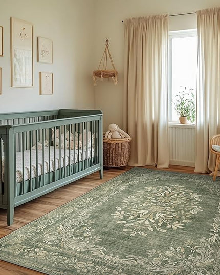 jinchan Green Floral 5x7 Area Rugs for Living Room - Machine Washable Distressed Vintage Design Soft Low-Pile Non-Slip Christmas Carpet for Dining Room Bedroom Home Office Nursery (5x7ft, Dark Green)