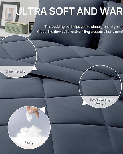 Love's cabin King Size Comforter Set Navy Blue, 7 Pieces King Bed in a Bag, All Season Bedding Sets with 1 Comforter, 1 Flat Sheet, 1 Fitted Sheet, 2 Pillowcase and 2 Pillow Sham