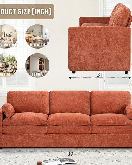 89" Chenille 3 Seats Sofa with 2 Pillows, Modern Upholstered Sofa with Deeper Seats, Comfy Sofa with Thickened Cushions for Living Room, Apartment, Orange