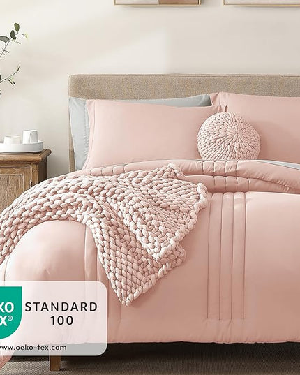 Monbix Twin XL Size Comforter Set - Extra Long 5 Pieces Dorm Bedding Sets, Quilting Design Fluffy Bed in a Bag Twin XL with Sheets, Pillowcase & Sham(Light Pink)