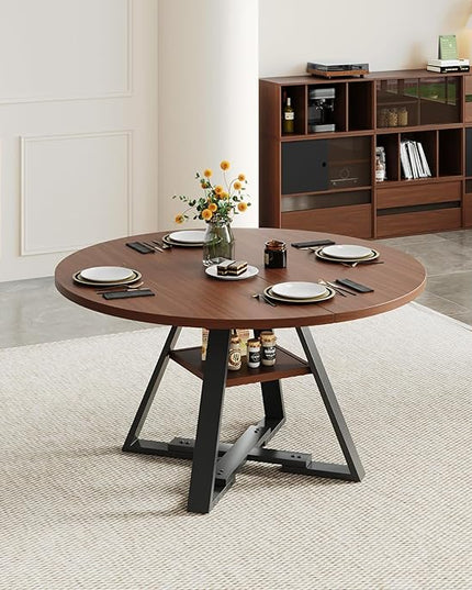 Walnut Round Dining Table Set for 4, Mid-Century Modern Kitchen Table and Chairs, Small Space Dining Room Furniture for Apartment, Breakfast Nook or Studio (Boxwood-1 Storage Table)