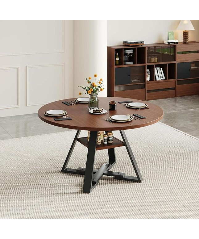 Walnut Round Dining Table Set for 4, Mid-Century Modern Kitchen Table and Chairs, Small Space Dining Room Furniture for Apartment, Breakfast Nook or Studio (Boxwood-1 Storage Table)