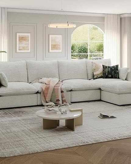 124" Cloud Modular Sectional Sofa, Waterproof Down Filled Sectional Couch, High Backrest L Shaped 4 Seater Couch with Ottoman, Modern Modular Sofas with Removable Cover, Cream White