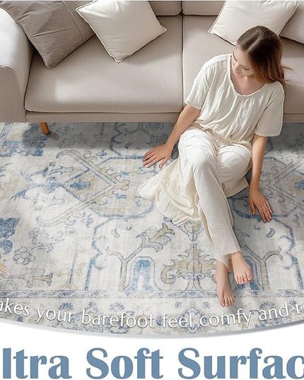 jinchan Runner Rug 2x6 Machine Washable Hallway - Vintage Floral Non-Slip Low-Pile Soft Ultra-Thin Kitchen Rug Distressed Carpet Runner for Farmhouse Bedroom Entryway Laundry Room(2x6ft, Blue)